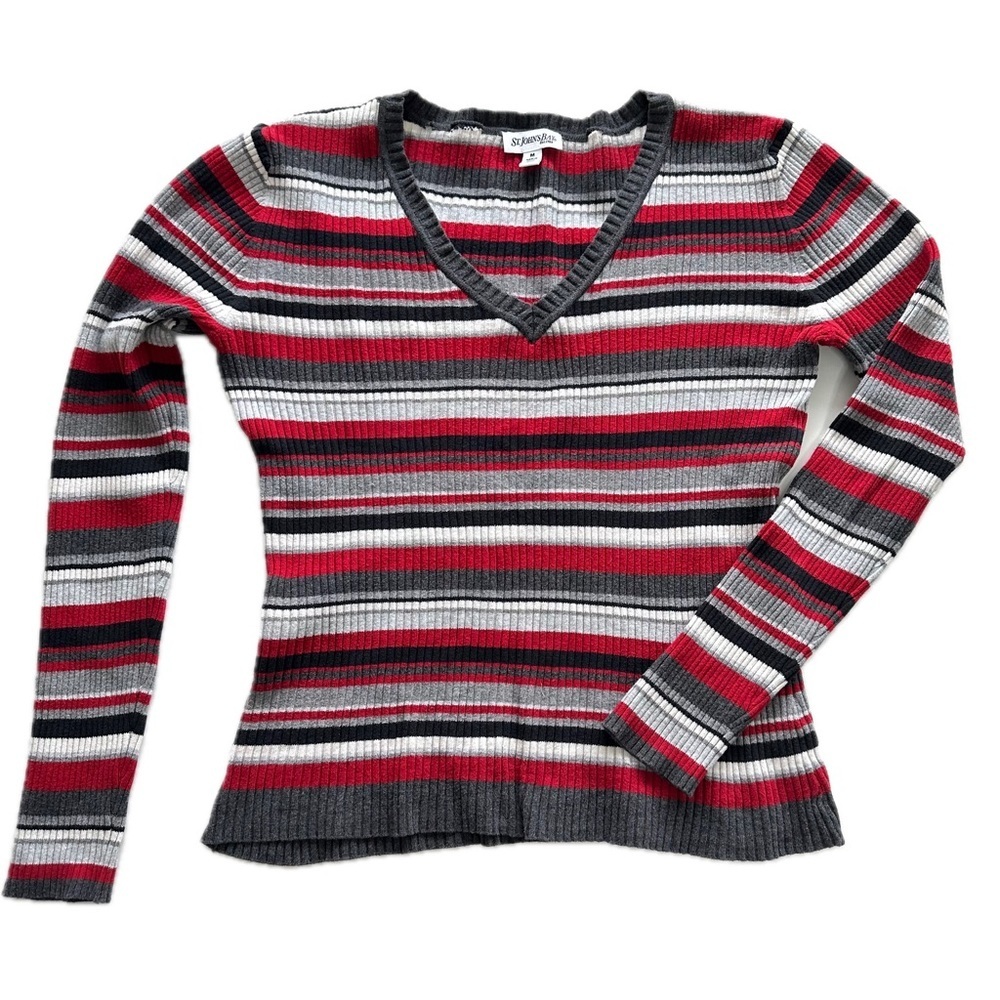 St. John’s Bay Boho Striped V Neck Ribbed Sweater Stretch Red Grey Size Medium